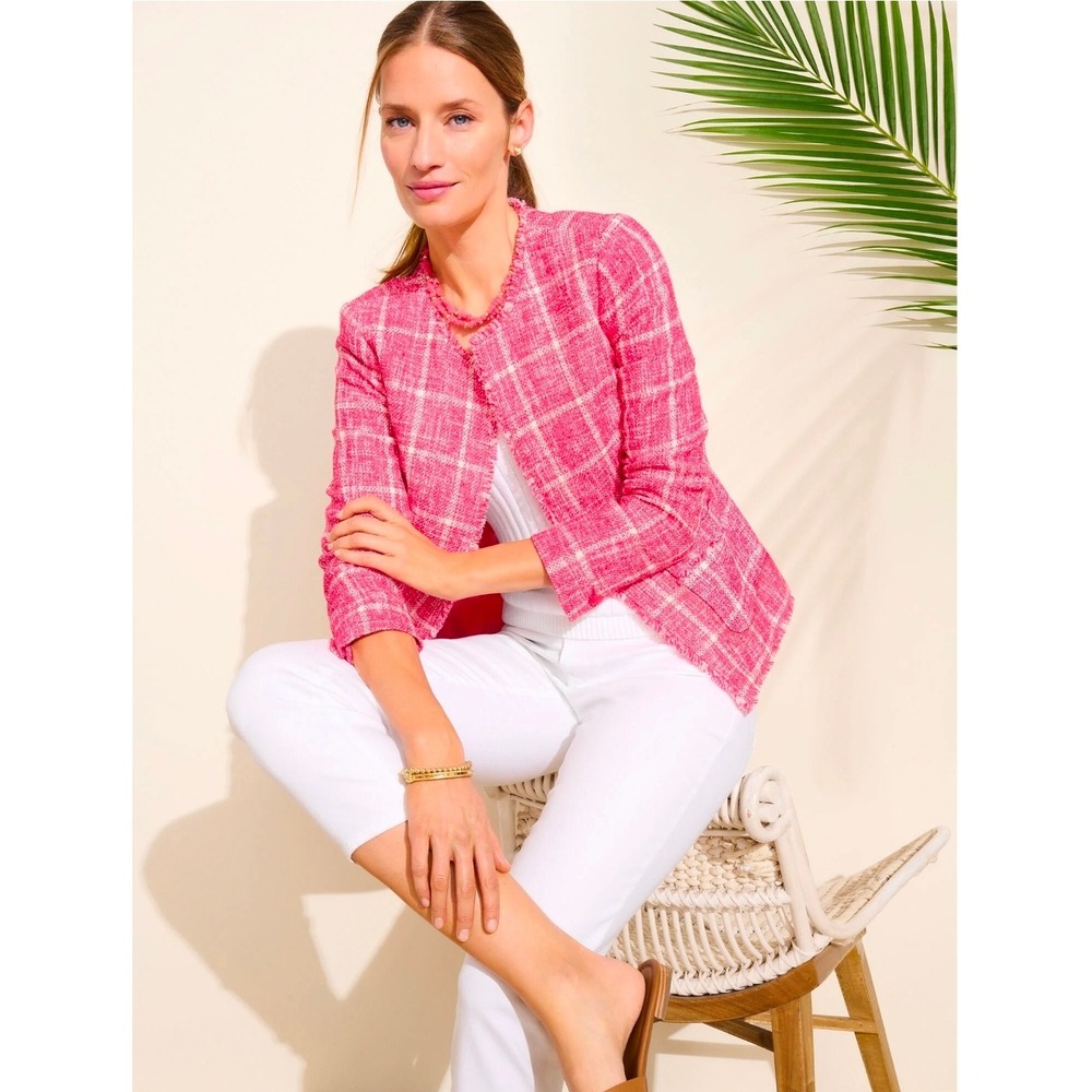 Talbots Pink White Plaid Tweed Fringe Trim Collarless Jacket Size 8 Open Front
